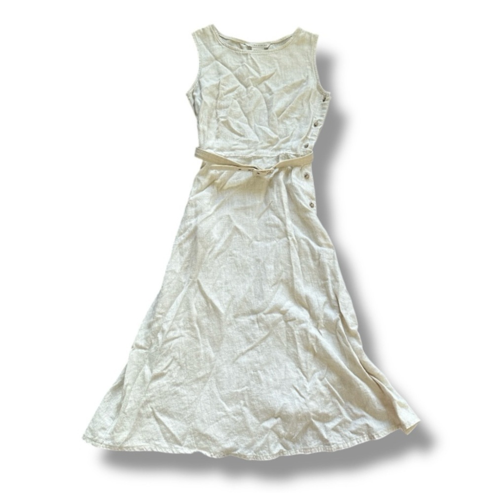 Vintage Laura Ashley Sleeveless Cream Linen Belted Midi Dress Women’s Size 4 EUC